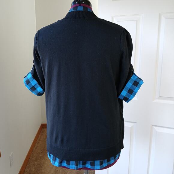 GNW Indigo Teal Layered Look Cardigan Blouse L plaid pintuck tunic roll sleeve - Picture 3 of 16